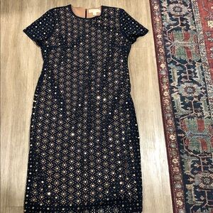New Michael Michael Kors Navy and Gold Floral crew neck  Midi Dress size XL